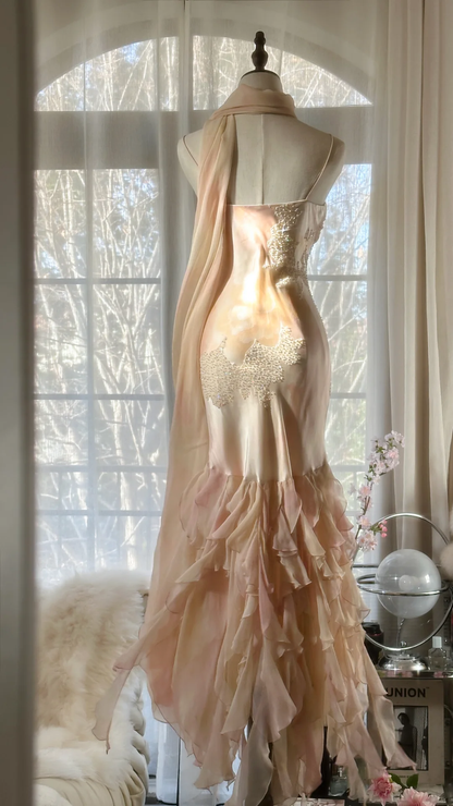 Fairy Pink Spaghetti Straps Mermaid Beaded Long Evening Dresses Birthday Outfits, D1071
