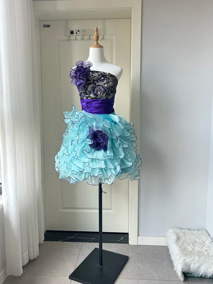 Stunning Homecoming Dress Strapless Pleated Cascade Flower Back to School Outfits Party Dress  D6483