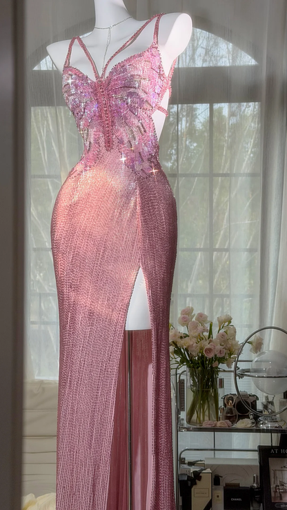 Stunning Pink Butterfly Sheath Beaded Long Prom Dress Graduation Prom Dress with Slit SH5347