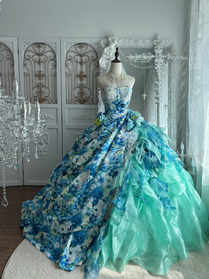 Vintage Dreamy Blue Strapless Print Floral Organza Prom Dress Sweet 16 Dress SH5782