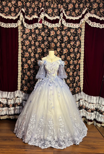 Vintage Lilac Ombre Ball Gown Long Sleeve Appliques Tulle Prom Dress Sweet 16 Dress SH5778