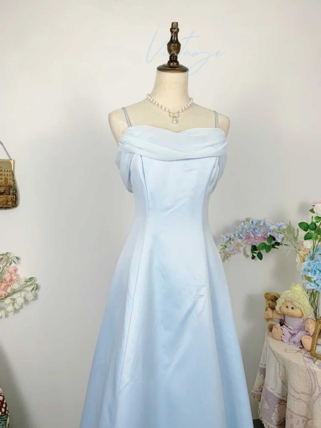 Vintage Baby Blue Simple A Line Spaghetti Strap Chiffon Satin Prom Dress Outfits SH4951