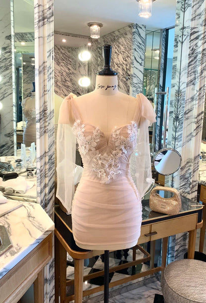 Sweet Homecoming Dress V Neck Applique Tulle Dress Back to School Outfits Party Dress  D6385