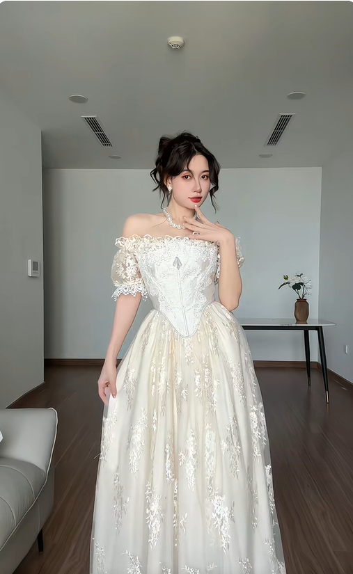 Vintage Ivory A Line Off the Shoulder Lace Satin Tulle Prom Dress Wedding Dress SH4471