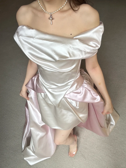 Unique Pink White Ombre A Line Off the Shoulder Pleated Satin Long Wedding Dress SH5152