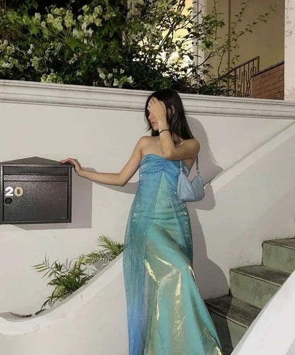 Vintage A Line Halter Blue Chiffon Satin Long Prom Dress Graduation Prom Dress SH2621