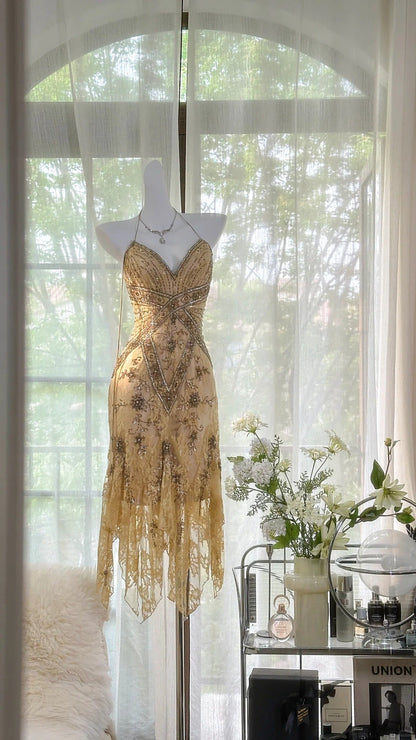 Vintage Sequin Appliques Spaghetti Strap A-line V-neck Irregular Hem Party Dresses Homecoming Dresses, D1330