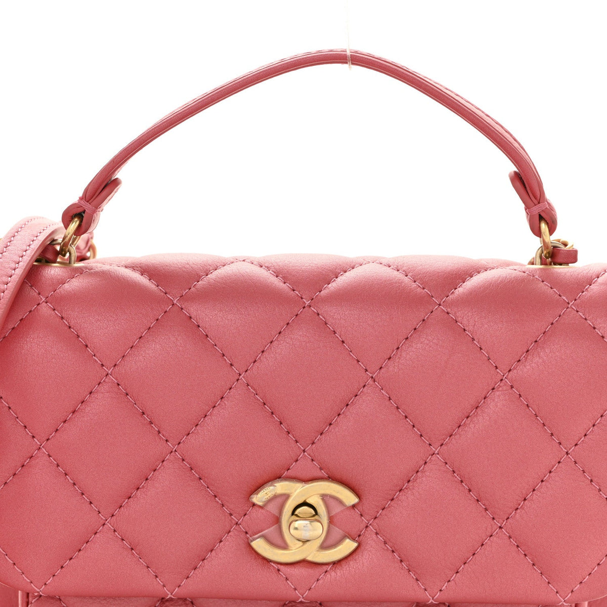 Metallic Calfskin Quilted Top Handle Flap Dark Pink