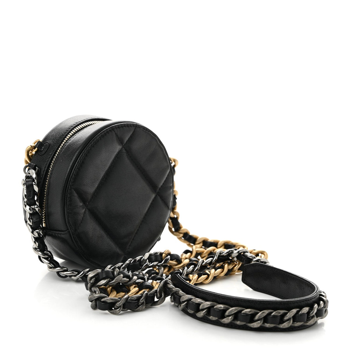 Shiny Goatskin Quilted Chanel 19 Round Clutch With Chain Black