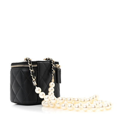 Lambskin Quilted Mini Vanity Case With Pearl Chain Black