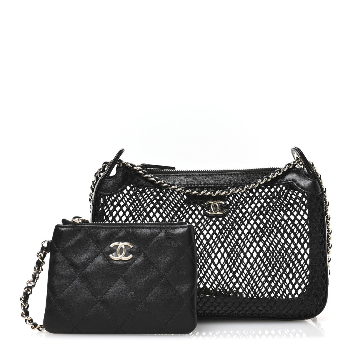 Mesh Shiny Lambskin Clutch With Chain Black