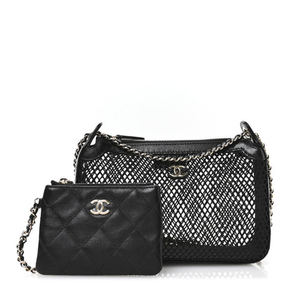 Mesh Shiny Lambskin Clutch With Chain Black