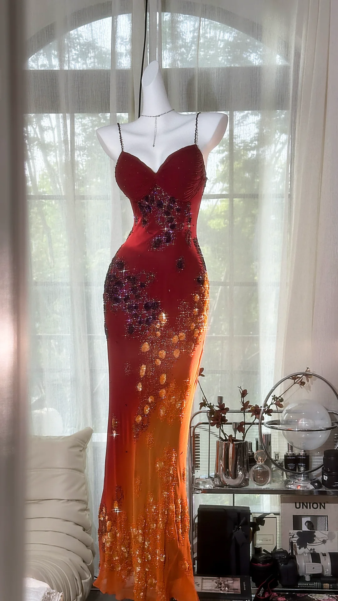 Vintage Beaded Sparkling Long Chiffon Spaghetti Strap Luxury Evening Dress Prom Dresses D1499