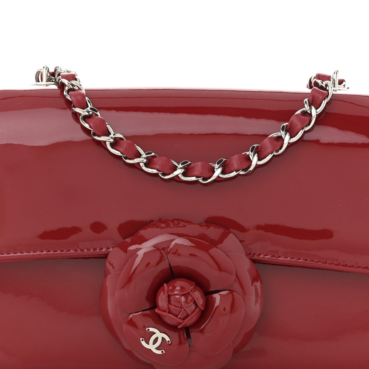 Patent Calfskin Small Camellia Flap Red