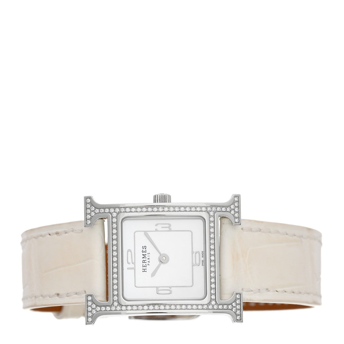 Stainless Steel Alligator Diamond Bezel Mother of Pearl 21mm Heure H Hour Quartz Watch Blanc