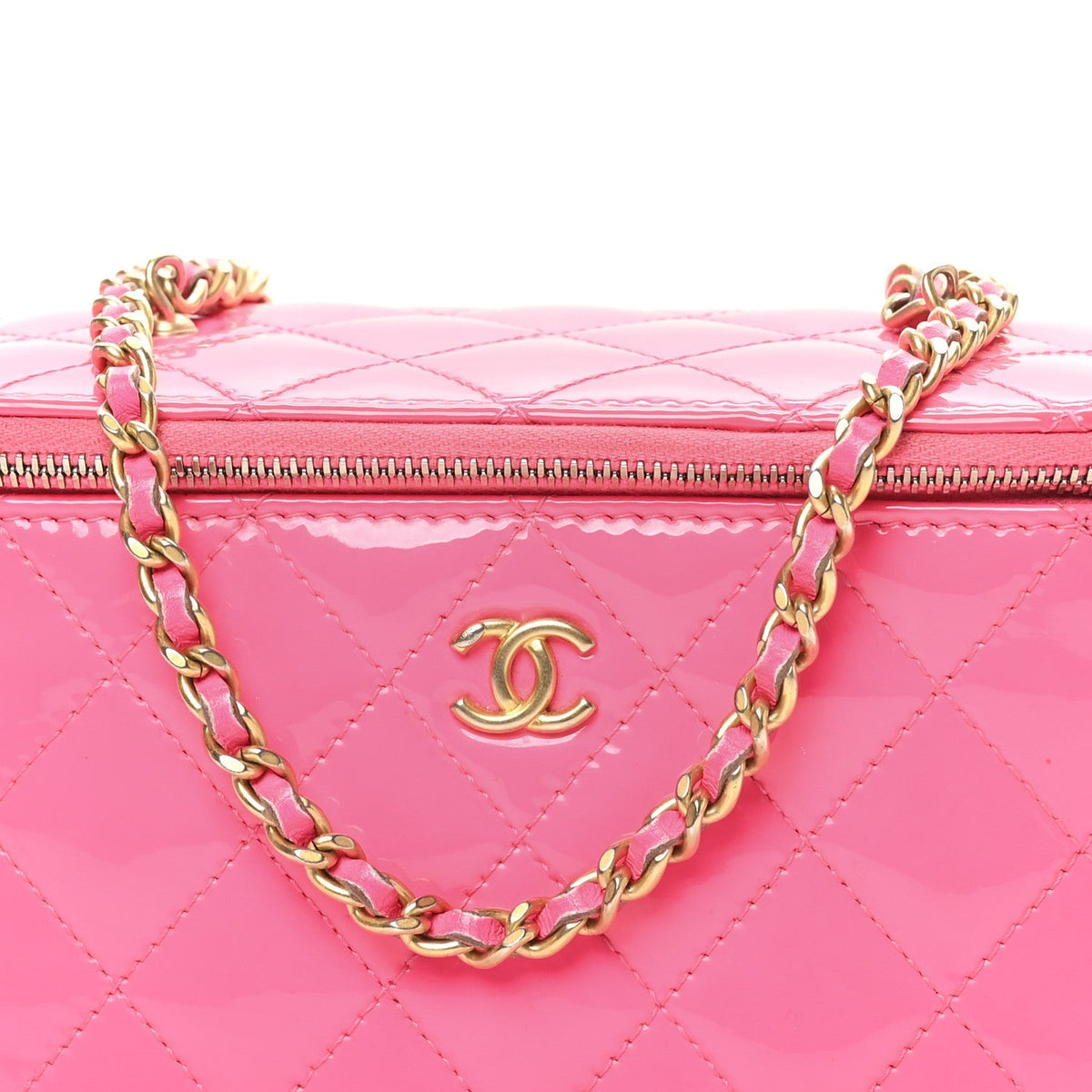 Patent Quilted Pearl Crush Small Vanity Case With Chain Neon Pink