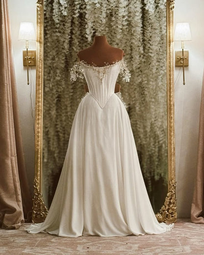 Stunning A Line Off the Shoulder Rhinestone White Satin Chiffon Prom Dress 18th Birthday Dress SH4474