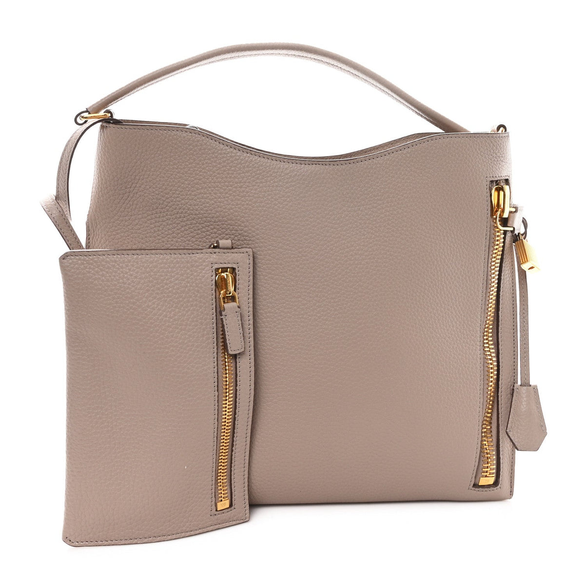 Pebbled Calfskin Small Alix Padlock Zip Hobo Bag Beige