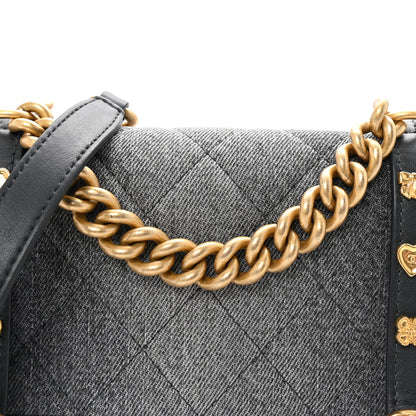 Washed Denim Quilted Messenger Flap Black