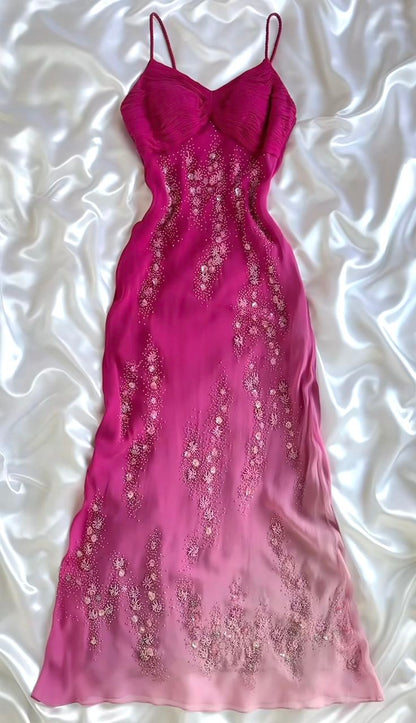 Vintage A Line Spaghetti Strap Exquisite Beaded Ombre Chiffon Prom Dress Wedding Guest Dress SH4424