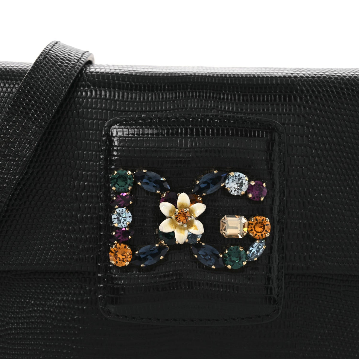 Lizard Embossed Crystal Embellished DG Millennials Mini Crossbody Bag Black