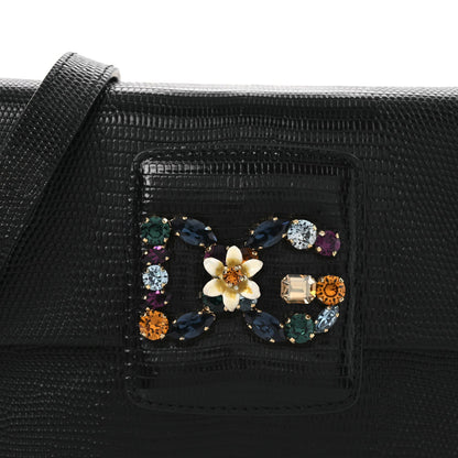 Lizard Embossed Crystal Embellished DG Millennials Mini Crossbody Bag Black