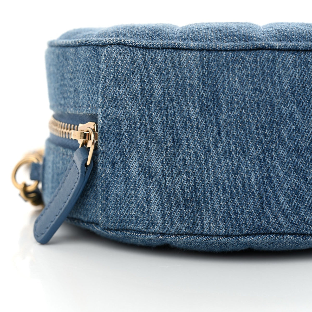 Denim Quilted Round Pearl Crush Clutch With Chain Blue