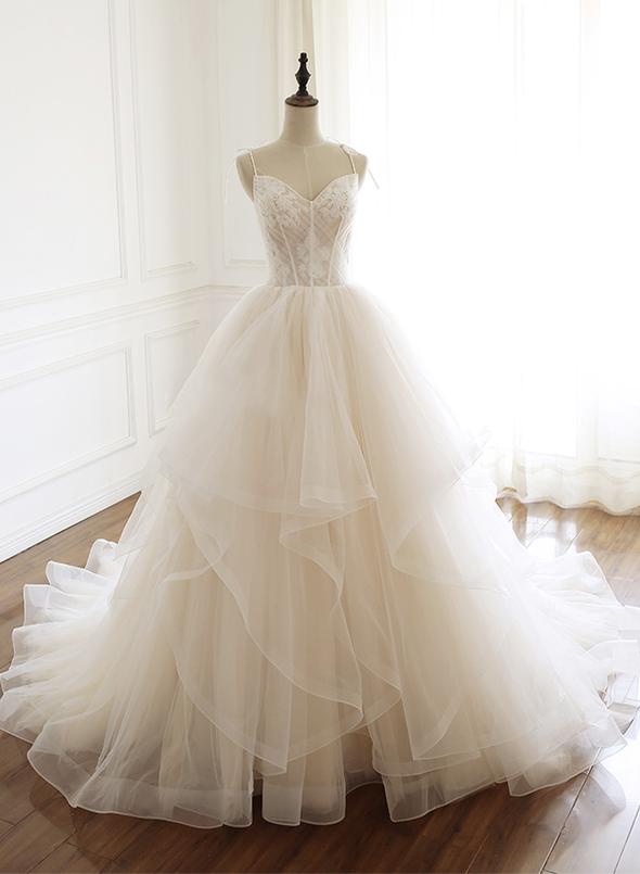 Champagne tulle lace long ball dress M2365