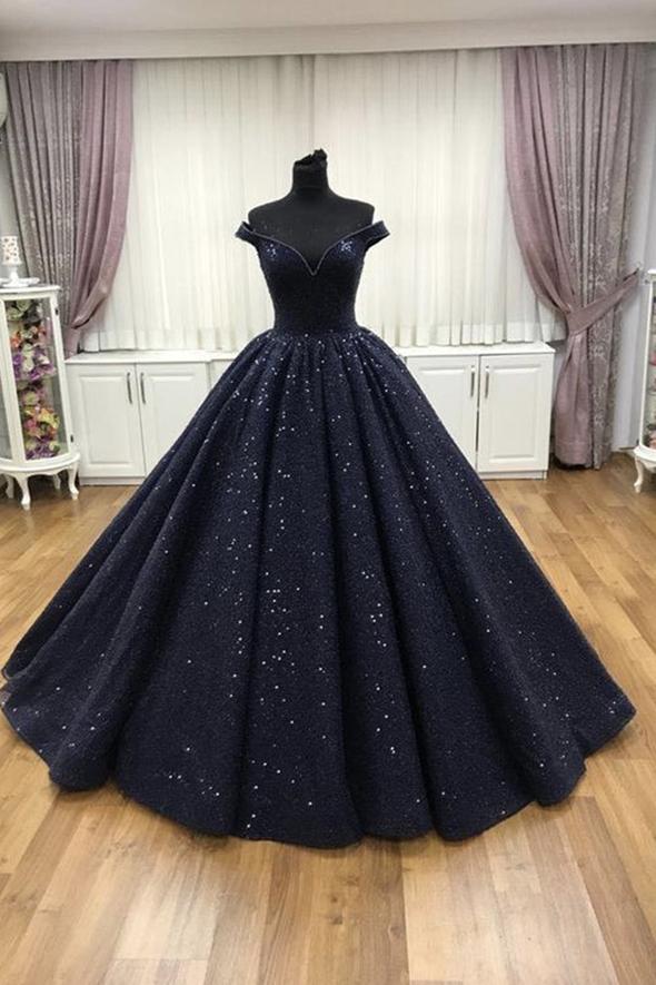 Blue sequins long A line prom dress evening dress M2214