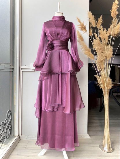 Blue High Neck Long Sleeves A-Line Chiffon Modest Long Formal Party Dress, D795
