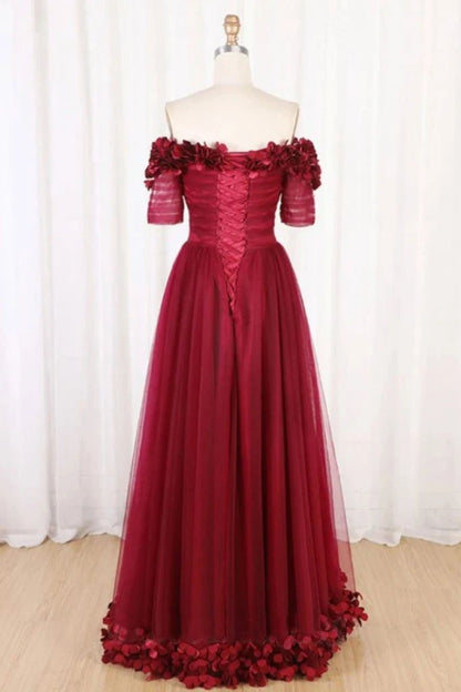Burgundy Off Shoulder Floor Length Tulle Prom Dress with Applique, A Line Tulle Evening Dress M1960