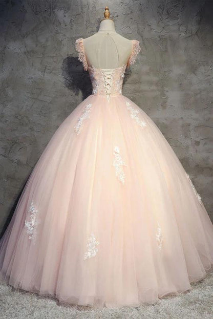 Light Peach Tulle Long Prom Dress with Flowers, Princess Ball Gown Sheer Neck Party Dress M1807
