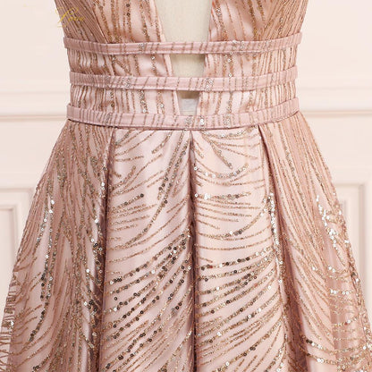 A Line Deep V Neck Long Prom Dress with Sequins, Glitter Sleeveless Evening Dress M1825