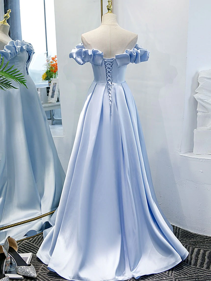 Blue A-line off shoulder long prom dress, formal dresses, blue evening dress M5862