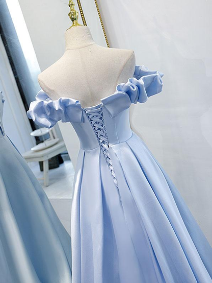 Blue A-line off shoulder long prom dress, formal dresses, blue evening dress M5862
