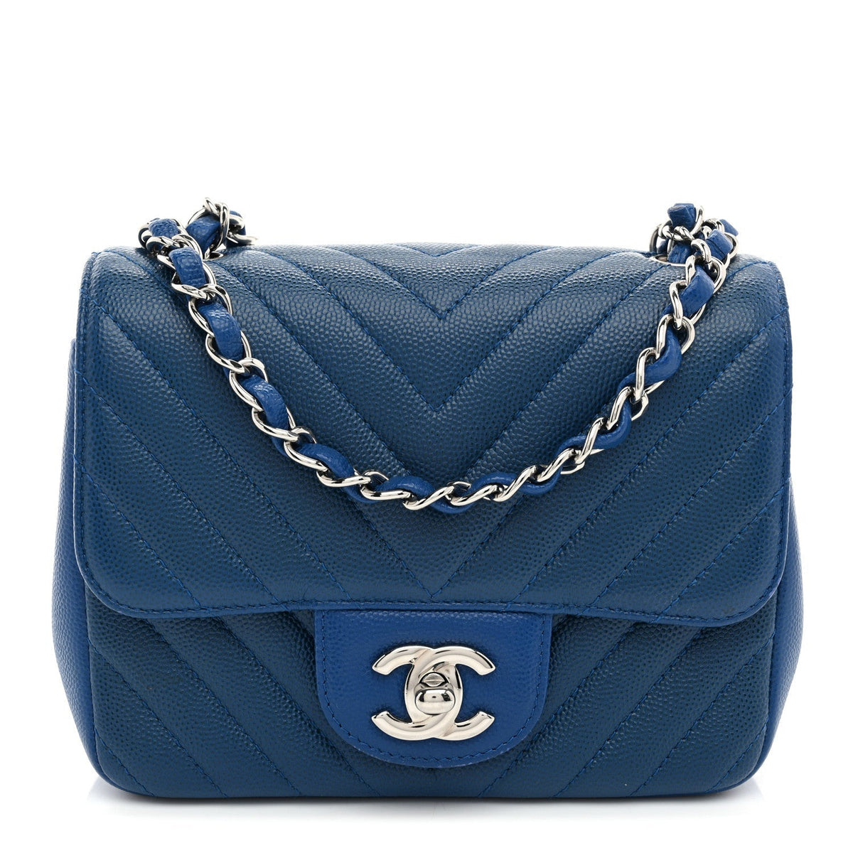 Caviar Chevron Quilted Mini Square Flap Blue
