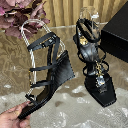 SAINT LAURENT CASSANDRA WEDGES IN SMOOTH LEATHER BLACK 821090DWEDD1000