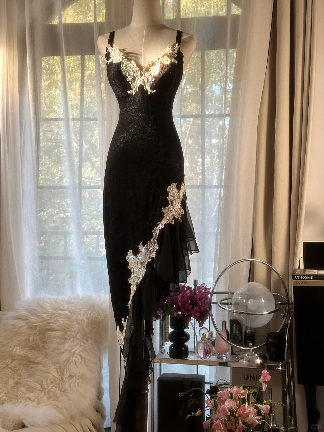 Black Straps Mermaid Lace Asymmetric Long Party Dress Vintage Evening Dress, D949