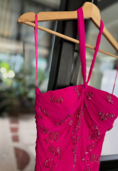 Vintage Charming Hot Pink Beaded Chiffon Long Prom Dress Party Dress SH4884