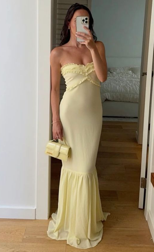 Light Yellow Strapless Chiffon Party Dress Wedding Guest Dress MD729