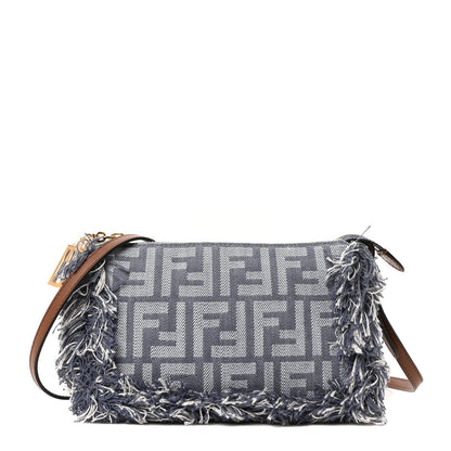 Denim Vitello Fringe FF Embroidered Baguette Pouch Myrtle Dark Nut