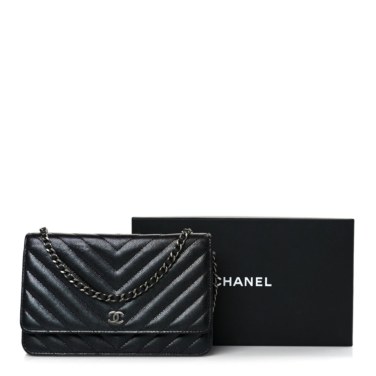 Iridescent Caviar Chevron Quilted Wallet On Chain WOC Black