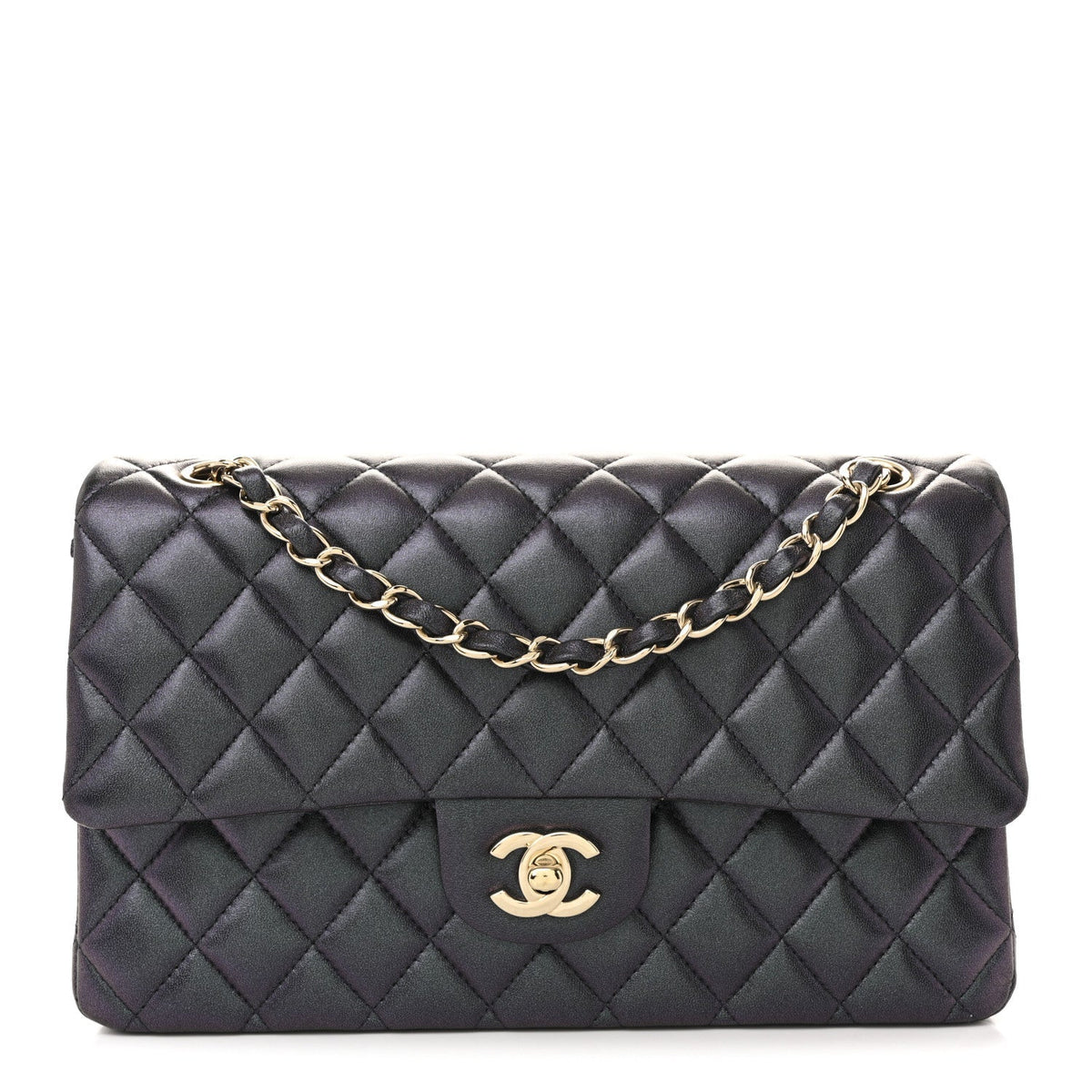 Iridescent Lambskin Quilted Medium Double Flap Black