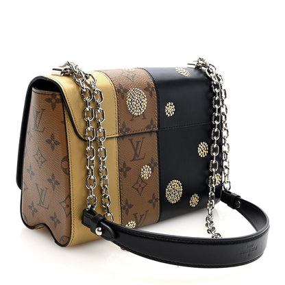 Calfskin Reverse Monogram Studded Twist Shoulder Bag MM Black Gold