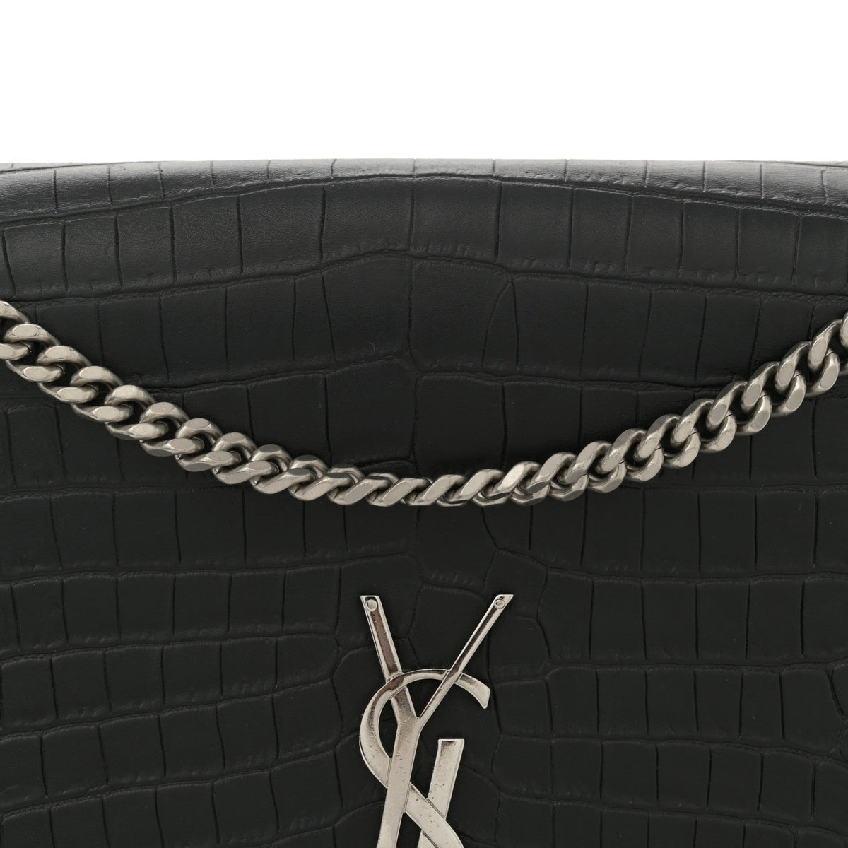 Calfskin Crocodile Embossed Large Classic Monogram Kate Satchel Black