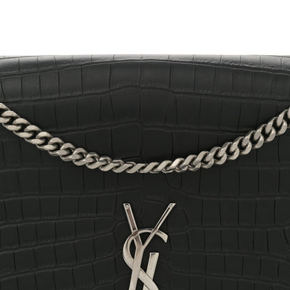 Calfskin Crocodile Embossed Large Classic Monogram Kate Satchel Black