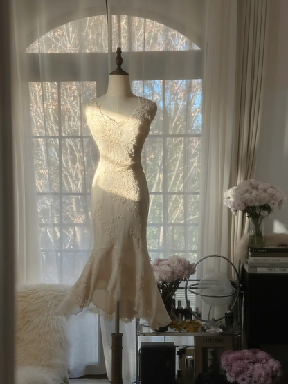 Elegant Sleeveless Ivory Mermaid Chiffon Ankle Length Vintage Party Dress, D950