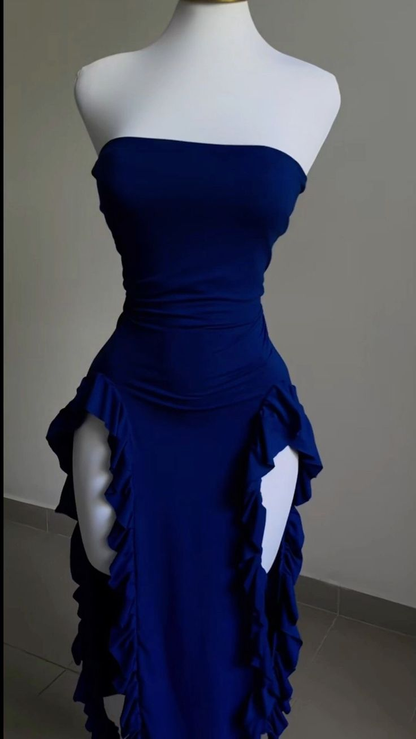 Burgundy Strapless Sheath Ruffles Midi Length Evening Party Dress MD7419