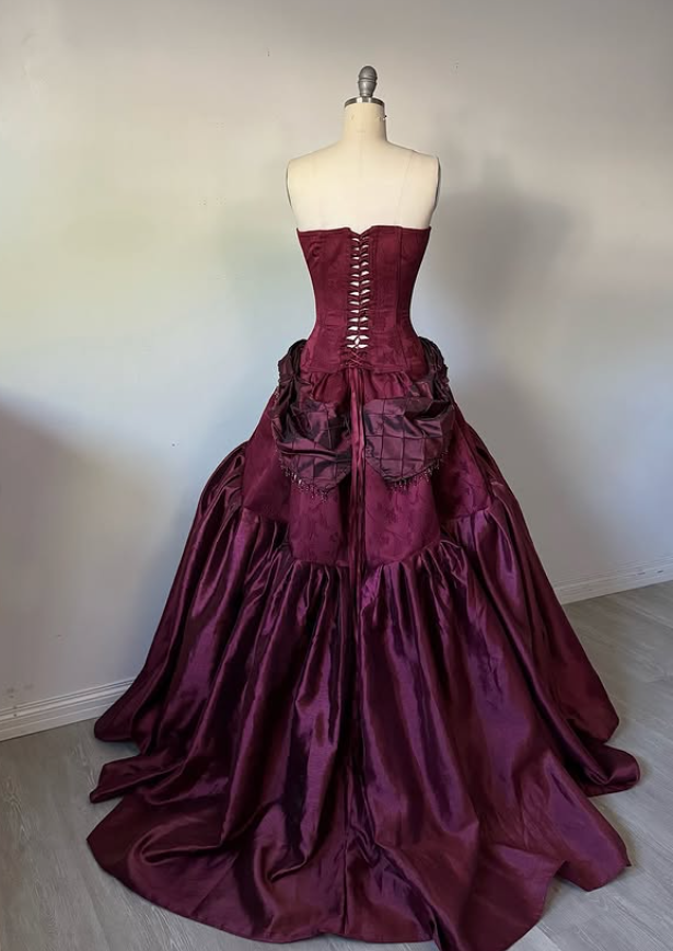 Vintage Burgundy Strapless Beaded Satin Long Prom Dress Party Dress SH5532