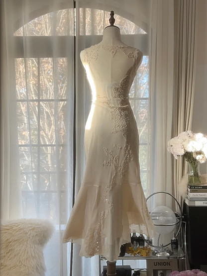Elegant Sleeveless Ivory Mermaid Chiffon Ankle Length Vintage Party Dress, D950